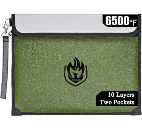Andyer 2 Pockets Fireproof Document Bag, 6500°F Fireproof Money Bag for Cash | 10-Layer Waterproof Document Pouch with Reflective Strip, Heat Insulated Fireproof Envelope Fire Safe Bag for Home Emergency - color: Green