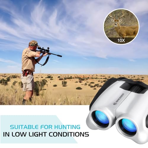 BRESSER 10x25 Binoculars for Adults and Kids, Folding Compact Binocular with Weak Light Vision, Lightweight Small Binoculars for Bird Watching, Travel, Concerts, Hunting, Hiking (White) - color: White