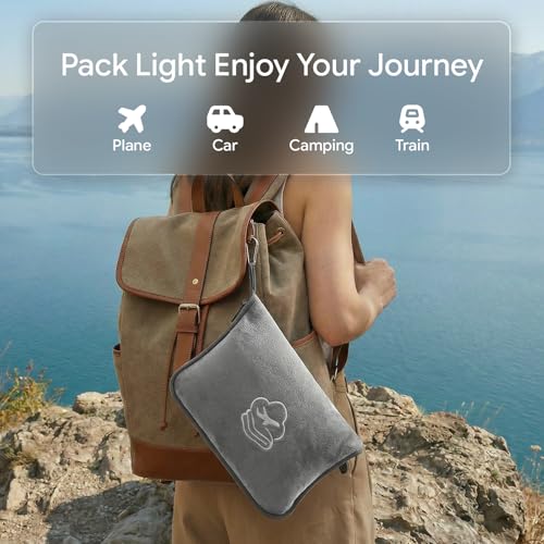 Travel Blanket, Soft 2-in-1 Airplane Blanket, 65x40 Inches, Travel Blanket Airplane Compact with Bag, Car Blanket with Luggage Sleeve & Backpack Clip (Light Grey) - color: Light Grey