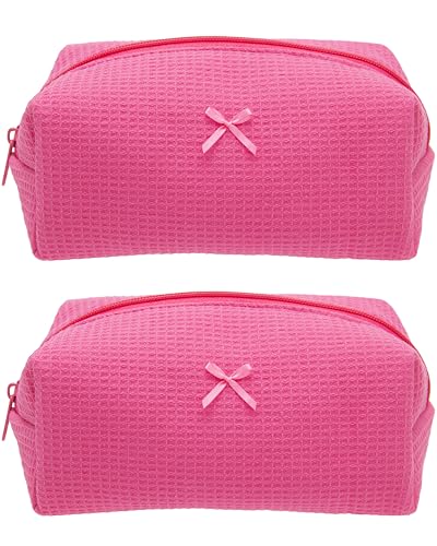 Cozy Makeup Bag for Women,Zipper Cosmetic Pouch,Waffle Hotpink,2 Pack - color: Waffle Hotpink