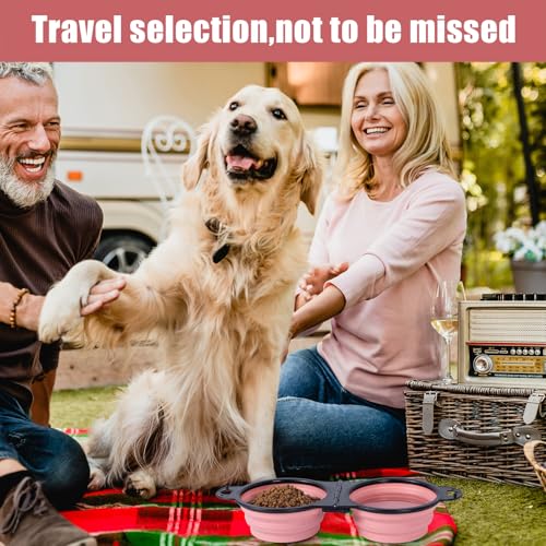 SLSON Collapsible Dog Dual Bowls Reinforced Rim 180 Degrees Flip Over Bowl - color: Light Pink