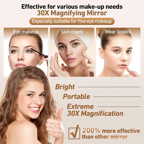 GOMIPURU Travel Mirror with Light, 1x/30x Magnifying Mirror with 3 Color Lights and Adjustable Brightness, 4.5x3.9 inch Small Compact Hangable Hand Pocket 3 Way Mirrors, Comes with Tweezer - color: Black