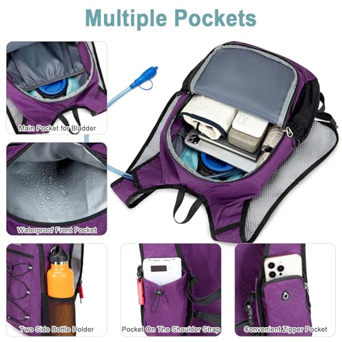 BOVIP Lightweight Hydration Back,15L Multipurpose Hiking Backpack with 1.5L Water Bladder ,Hydro Water Daypack for Cycling Hiking Rave for Men Women - size: Purple