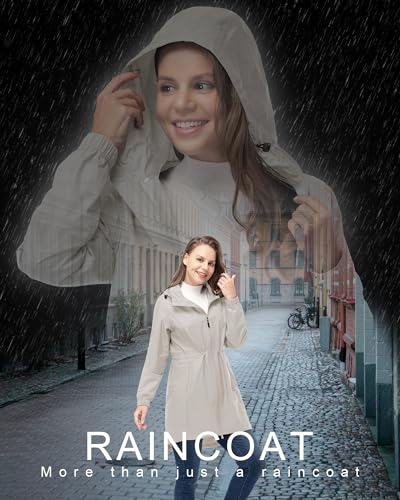 33,000ft Women's Waterproof Long Rain Coats Packable Rain Jacket with Hood Trench Coats Windbreaker - color: Beige, size: XX-Large
