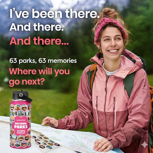National Parks Pink Water Bottle with Durable Stickers – 32oz Insulated Stainless Steel Water Bottle with Spout Lid – Insulated for Cold and Hot Drinks – Metal Bottle for Gym, Hiking, Camping - color: Pink