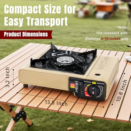 SHINESTAR 7800 BTUs Portable Butane or Propane Camping Stove, Wind Guard | For Outdoor Cooking, Camping, Emergencies, BBQ, Hiking & Backpacking, Propane Adapter Hose, Guard & Carrying Case Included - color: Khaki - 7800 BTU Dual Fuel with Windscreen