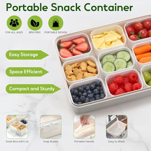 Snackle Box Container for Adults with 9 Compartment, Divided Serving Tray Snack Box Containers with Lid and Handle, Charcuterie Boxes Portable Snack Platter for Fruit Veggie Party Travel, White - color: White