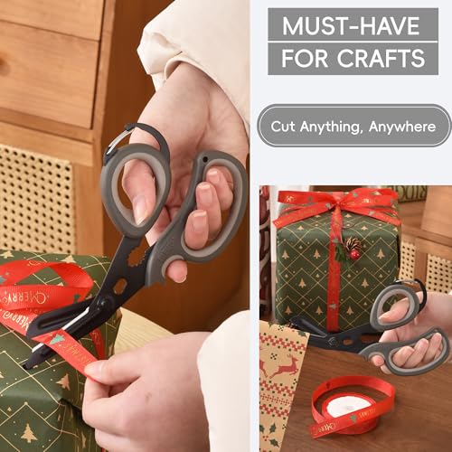 MEUUT All Purpose Scissors 2 Packs with Carabiner for Kitchen Outdoor | 7.5-inch heavy duty all purpose, Ambidextrous, micro-serrated stainless steel blades, integrated O2 wrench, soft rubber grip - color: Grey+grey