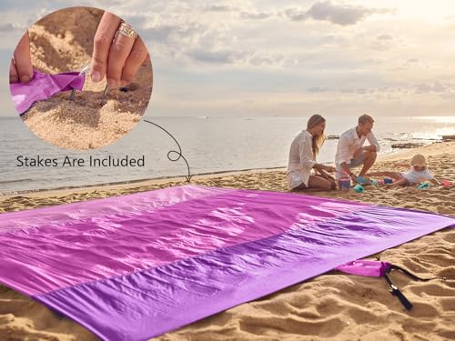 WEKAPO Beach Blanket Sandproof Waterproof, Extra Large Beach Mat, Oversized & Compact Sand Free, Quick Drying Beach Essentials for Vacation, Cruise, Picnic & Camping with Stakes - color: Berrypurple, size: 7x7 FT (1～3 person)