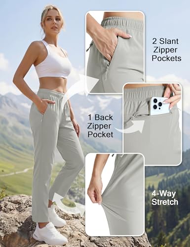 MAGCOMSEN Women's Hiking Pants Lightweight Quick Dry UPF 50 Water Resistant Elastic Waist Golf Travel Pants Zip Pockets - color: Light Grey, size: Small