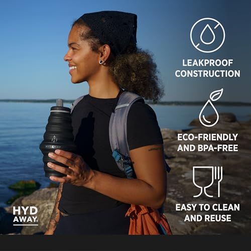 HYDAWAY 25oz Collapsible Water Bottle, Packable Leakproof for Travel | Large capacity design. Folds flat for carry-ons, day bags, hiking packs. Leakproof, BPA-free. - color: Midnight