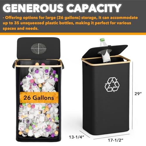SpaceAid Recycling Bin for Kitchen 26 Gallon, 100L Recycle Bin with Lid and 2 Reusable Inner Bags, for Bottle Can Glass Plastic Stickers, Black - color: Black