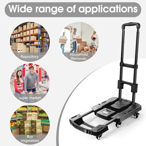 Voipvvii Folding Hand Truck 500lbs, Portable Heavy Duty Dolly Cart, 6 Wheels Collapsible Luggage Cart with 2 Elastic Ropes - Compact Trolley Cart for Easy Moving - Ideal Hand Cart for Travel and More - color: Black