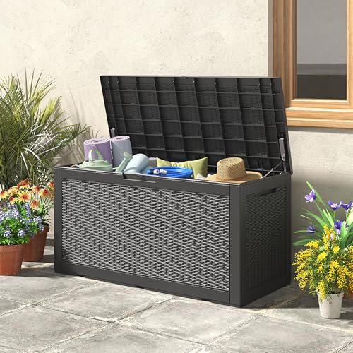 Outdoor Storage Box Waterproof, 110 Gallon Deck Box For Patio Storage - color: Rattan Black, style: 110Gallon