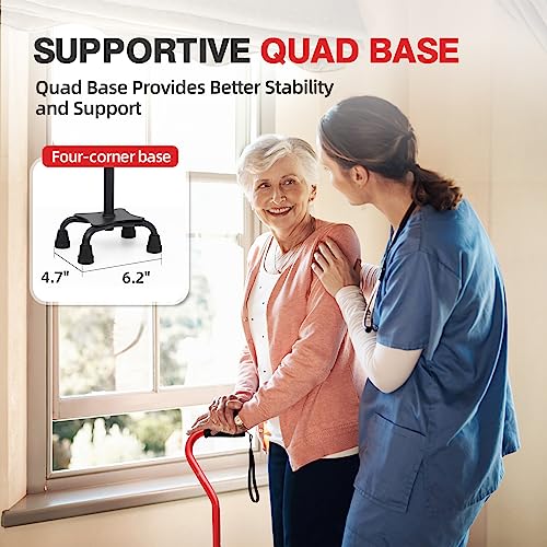 BeneCane Quad Cane Adjustable Walking Cane with Offset Soft Cushioned Handle for Men & Women Lightweight Comfortable with 4-Pronged feet for Extra Stability - color: red