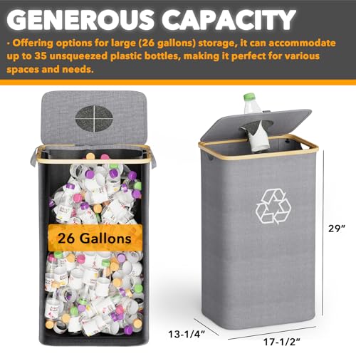 SpaceAid Recycling Bin for Kitchen 26 Gallon, 100L Recycle Bin with Lid and 2 Reusable Inner Bags, for Bottle Can Glass Plastic Stickers, Grey - color: Grey