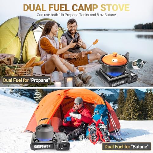 Propane or Butane Stove, Dual Fuel Propane Stove for Camping, 10,000 BTU Automatic Ignition Portable Gas Stove with Carrying Case & Windblocker & Griddle for Hiking(Fuel Not Included) - color: Pure Black