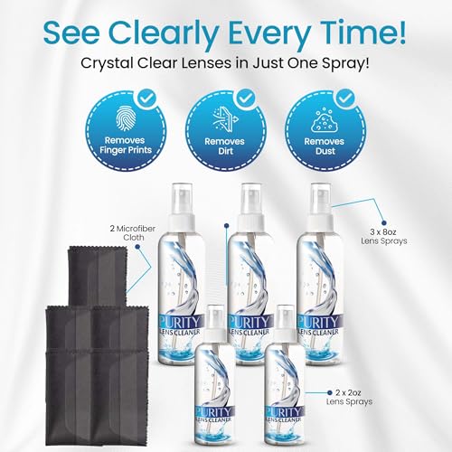 Purity Eyeglass Cleaner Mega Pack - Multi-Size Lens Cleaner Kit - 2x2oz, 3x8oz Bottles + 5 Black Premium Microfiber Cloths - Safe for All Lenses, Eyeglasses, and Screens - Streak-Free Formula - style: 10 Piece Set - 3 (8oz + 2 (2oz Lens Spray)) + 5 (Micro