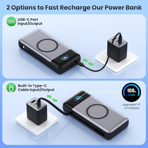 Wireless Portable Charger 40,800mAh with Built-in Cables,15W Wireless Charging 25W PD QC4.0 Fast Charging USB-C Power Bank,Travel Essentials External Battery Pack for iPhone 17/16/15/14,Galaxy,Android - color: Black