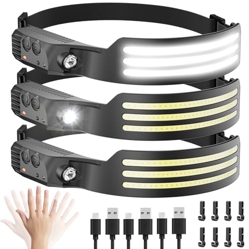 Headlamp Rechargeable 3PCS, Motion Sensor 230° COB Head Lamp, Headlights for Forehead, Hard hat Light for Adults, LED Headband Flashlight for Work, Hiking, Running, Camping Essentials Gear - size: 3 Pack - New Upgrade III Tri-Led Strip