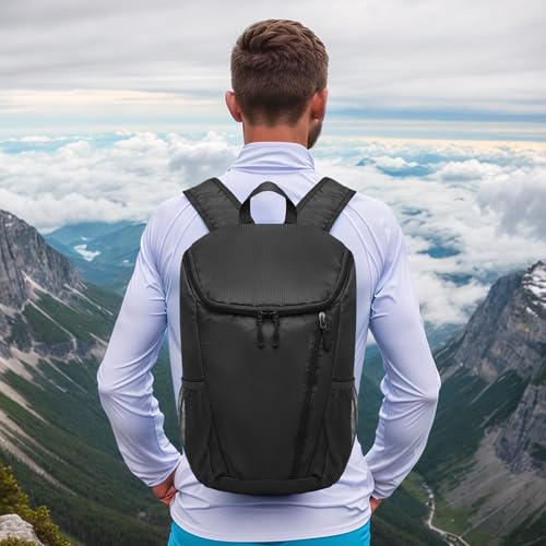 Hiking Backpack 20L Foldable Daypack for Men Women Nylon Black | Packable Backpack for Men Women, Small Foldable Day Pack Waterproof for Travel Camping Mountaineering - color: Black