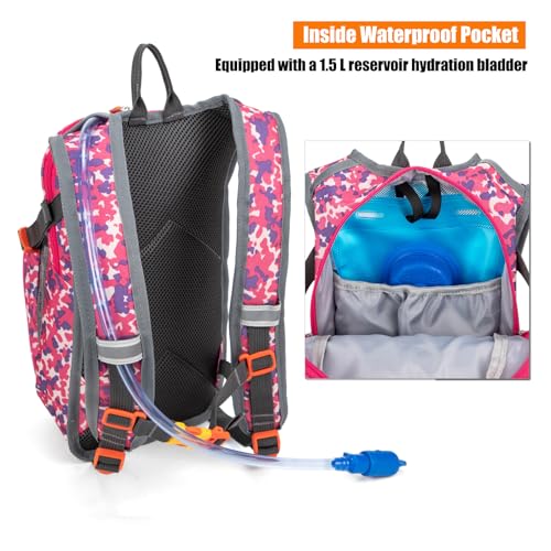 Kids Hydration Backpack, Water Hiking Backpack for Boys or Girls with 1.5L Reservoir Bladder - color: Rose Print