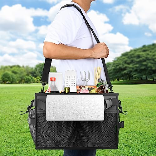 FANGSUN Grill Caddy, Foldable BBQ Caddy with Paper Towel Holder, Black | 11 Compartments, Easy-Clean Aluminum Interior, 1680D Oxford Fabric, Water-Resistant, Shoulder Strap Included, Tailgating - style: Black