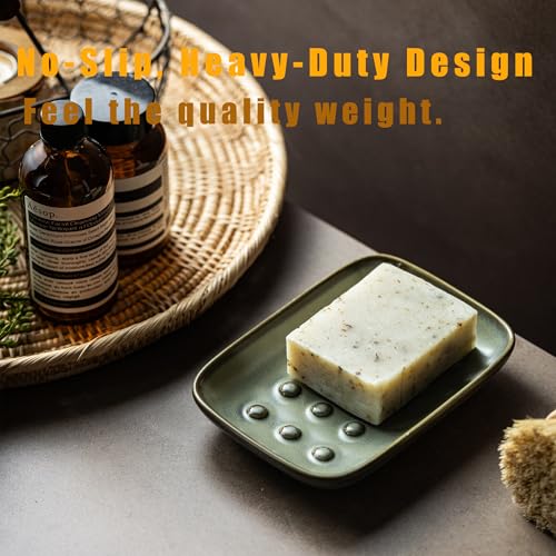 Miamolo Bar Soap Holder, Ceramic Soap Dish for Bathroom, Keep Soap Dry | Raised Ridges Extends Bar Life | Weighted Soap Tray, Non-Slip | for Kitchen Sink Bathtub Shower, Dishwasher Safe, Dark Green - color: Dark Green, size: Floating Point Design