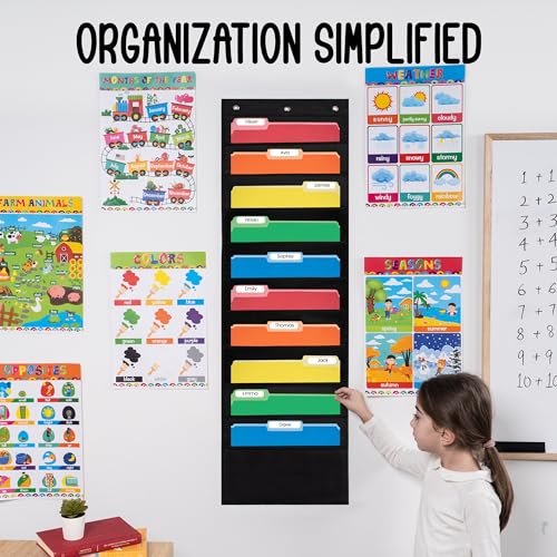 Essex Wares- 10 Pocket File Folder Pocket Chart, Black, 14" Wide x 47" Tall | Versatile Wall Hanging File Folder Organizer for Classrooms, Offices, Home, and More - Wall Folder Organizer - size: 10 Pocket