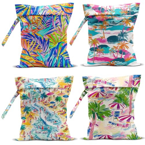 Wet Bag, 4Pcs Wet Dry Bag Set, Reusable Waterproof Bags with Palm & Beach Crowd Patterns for Women, Practical for Pool Days & Daily Essentials Storage - color: Palm & Beach