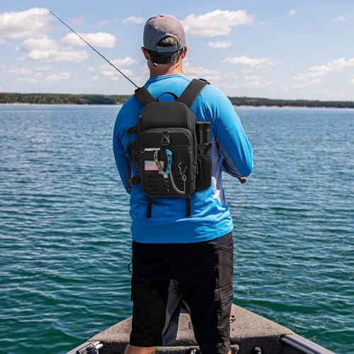 Piscifun Fishing Tackle Backpack, Rod & Gear Holder, Water-Resistant | 15L storage, breathable padding & adjustable shoulder straps, MOLLE panel, Black - color: Black, size: Standard