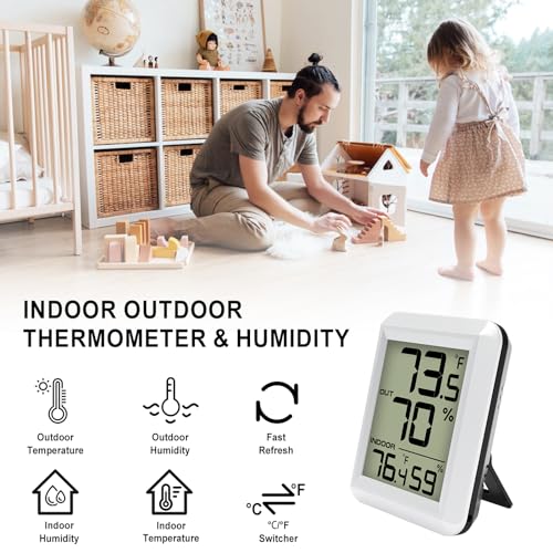 Indoor Outdoor Thermometer Hygrometer Wireless, Urageuxy Digital Temperature Humidity Monitor with 328ft Range Remote Sensor for Home, Greenhouse, Refrigerator, ℃/℉ Switch Optional (White)