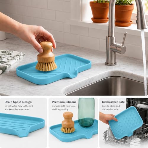 MicoYang Silicone Soap Dish with Drain Spout — Self-Draining Sink Organizer Tray for Bathroom & Kitchen, Sponges, Dispensers & Soap Holder, Non-Slip & Dishwasher Safe, Light Blue (Medium, 9.6"×5.3") - color: Light Blue, size: M(9.6"×5.3")