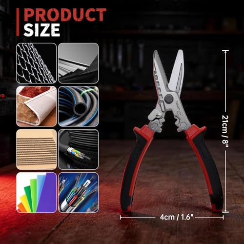 Electrician Utility Scissors Metal Cutting Tool Tin Snips | Heavy Duty with Cable Cutter, Crimping Tool & Hex Wrench Safety Lock for Sheet Metal, Hardware Cloth, Carpet, Cardboard