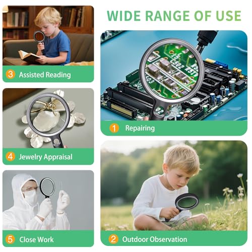 Handheld Magnifying Glass with Light, 10X 30X Optical Glass Magnifying Glass with 31 LEDs Lighted, The Essential Magnifier for Seniors, Reading, Puzzle, Coins, Jewelry, Inspection & Close Work