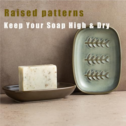 Miamolo Bar Soap Holder for Shower, Soap Dish for Bathroom, No Mushy Soap | Ceramic Soap Saver Tray for Vanity, Tub, Kitchen Sink | Long-Term Bathroom Use Pro-Environment, Housewarming Gift, Dark Green - color: Dark Green, size: Leaf Design