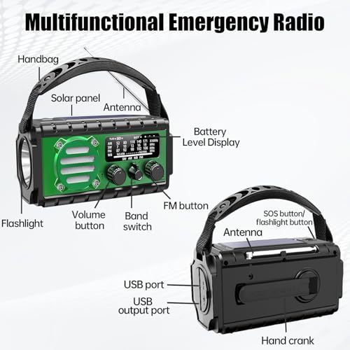 Solar Powered Emergency Hand-Crank Radio with 20,000mAh Battery, Clear Reception, Supports AM/FM/SW/NOAA Weather Broadcasts, Features a Dual-Mode LED Flashlight and Phone Charger for Camping