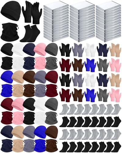 120 Pcs Homeless Care Package Supplies Bulk Emergency Blankets Winter Beanies Hats Scarf Gloves Socks Set with Bag