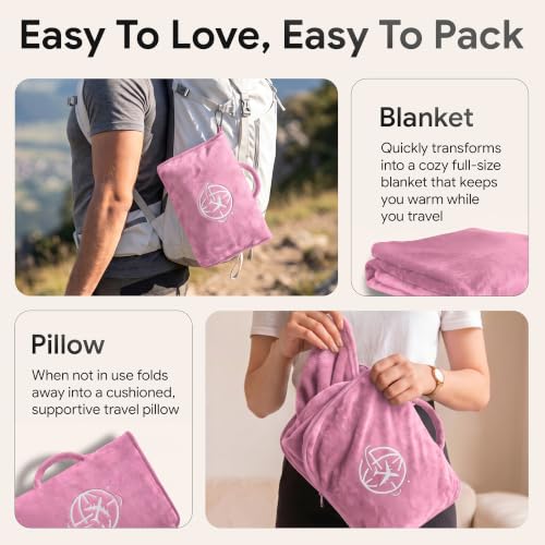 2-in-1 Travel Blanket and Pillow – Lightweight, Compact, Ultra Soft, Machine Washable – Handle, Luggage Sleeve, Backpack Clip – for Trave Airplane, Car, Office (light pink) - color: Light Pink