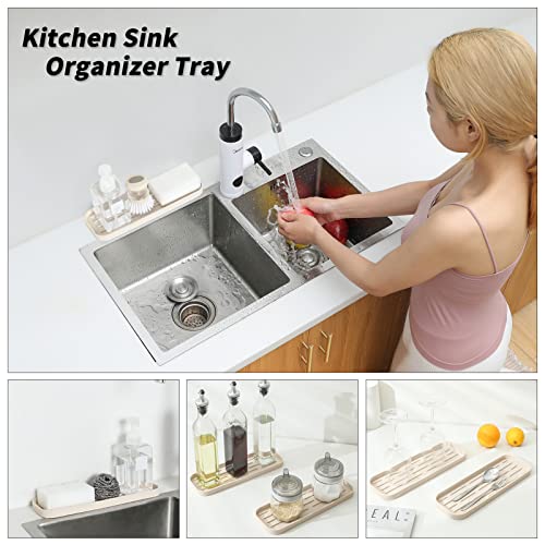 MicoYang Silicone Kitchen Sink Organizer Tray for Multiple Usage,Eco-Friendly Sponges Holder for Kitchen Bathroom Counter or Sink,Dish Soap Dispenser,Scrubber,Bottle,Cup (Tapioca, 12"×4") - color: Tapioca, size: 12" x 4" x 0.7"