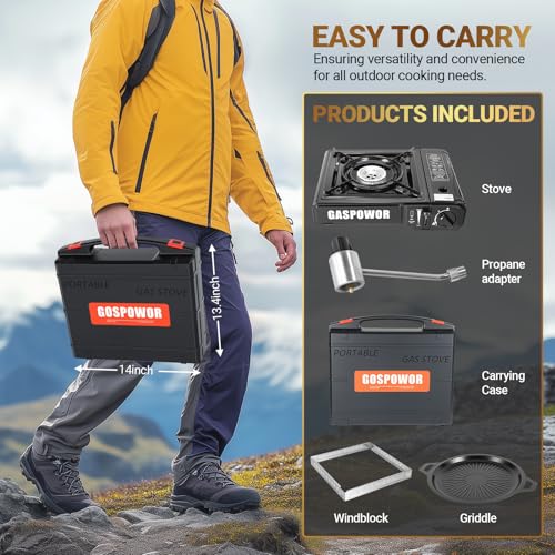 Propane or Butane Stove, Dual Fuel Propane Stove for Camping, 10,000 BTU Automatic Ignition Portable Gas Stove with Carrying Case & Windblocker & Griddle for Hiking(Fuel Not Included) - color: Pure Black