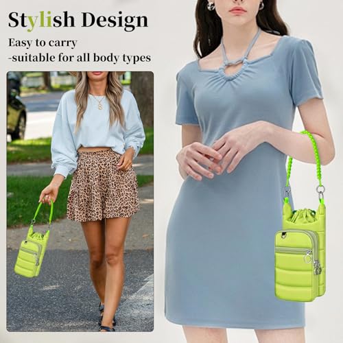 bvya Puffer Water Bottle Holder Quilted Sports Pouch Bag with Adjustable Shoulder Strap & Paracord Handle - color: Green