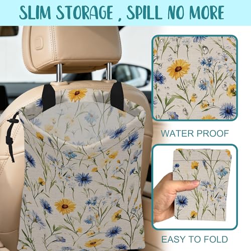 Car Garbage Bag Abstract Blue and Yellow Flowers Hanging Canvas Car Trash Bag Drawstring Car Back Seat Organizer for Car Back Front Seat Console with Adjustable Buckle - color: Abstract Blue and Yellow Flowers