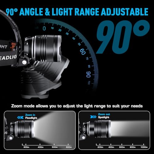AMAKER LED Headlamp Rechargeable 99000 High Lux, Head Lamp with 12 Modes, IPX7 Waterproof USB Rechargeable Headlight, Zoomable Headlamp for Adults, 90° Adjustable for Camping Hunting