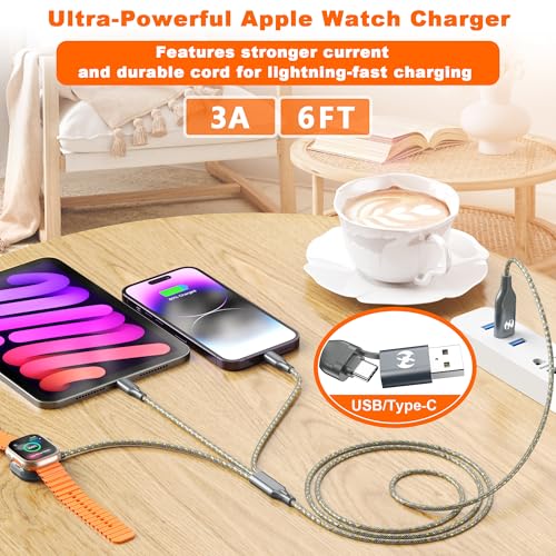 3 in 1 Multi Charging Cable for Apple Watch Charger Fast Charging Cable 6FT | Travel Charging Cords for Multiple Devices with iwatch USB-C Lightining Braided for iWatch Ultra/SE/11-2 iPhone17-5 Kindle - color: GreyGold-6ft