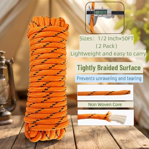 1/2 in × 100 ft Orange Diamond Braided Polypropylene Rope with Non-Woven Core, 32-Strand High Strength for Clothesline, Flagpole, Camping, Indoor & Outdoor Use (2 Pack, 50ft Each) - size: 1/2" x 100FT, style: Orange