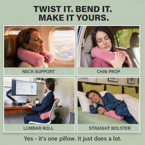 Dot&Dot Twist Memory Foam Travel Pillow, Bendable Neck Pillow for Airplane, Car and Home, 26-Inch Adjustable Roll with Washable Cotton Cover, Pink - color: Pink, size: Standard (26")