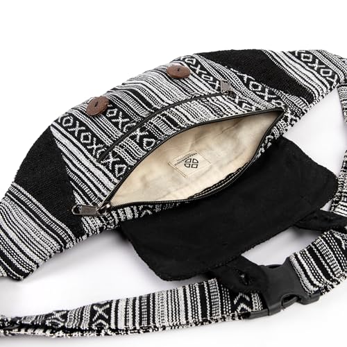 Freakmandu Eco-Friendly Boho Hippie Style Large Hemp Fanny Pack White Hip Waist Bag for Hiking Running Jogging - color: Black Mix