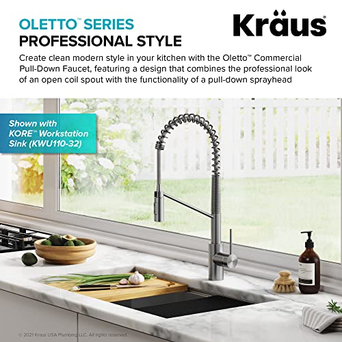 KRAUS Oletto Commercial Style Single Handle Pull Down Kitchen Faucet with QuickDock Top Mount Installation Assembly in Spot Free Stainless Steel, KPF-2631SFS - color: Spot-Free Stainless Steel, style: Commercial Style Faucet