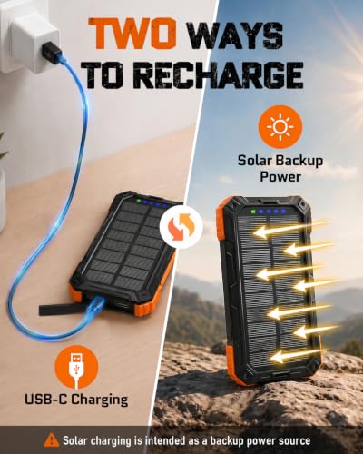 Solar Charger Power Bank - 49800mAh Solar Phone Charger with USB-C in/Output, QC 3.0 Fast Charging with LED Flashlight, Built-in 4 Cables, IP65 Waterproof Fits for Outdoor (Bright Orange)